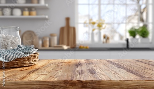 Light, wooden kitchen table, blurred background