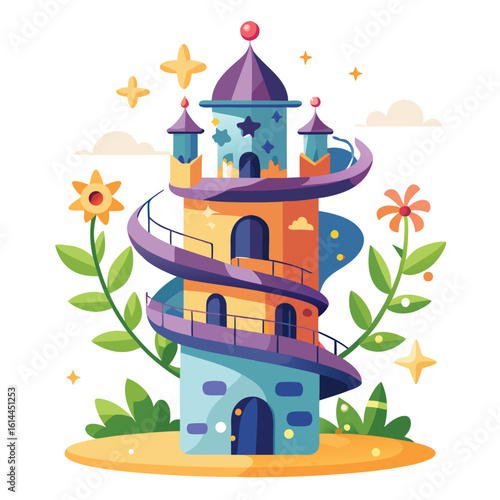 Whimsical spiral flower tower with balconies and star banner
