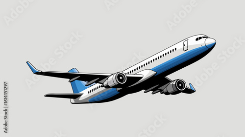 A blue and white passenger airplane is flying in the sky, viewed from a low angle.