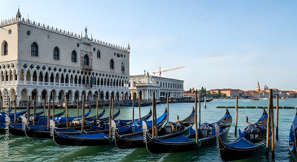 Fototapeta premium Experience the timeless beauty of Venice with these classic gondolas gracefully gliding along the tranquil waters near the iconic Doge's Palace, creating an unforgettable Italian adventure