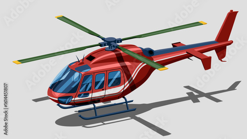 A vibrant red helicopter with green blades casts a shadow on a light gray surface.