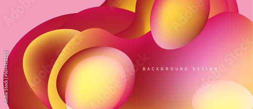 Abstract fluid shapes overlap, creating vibrant color gradients. Pink background complements warm orange, yellow hues. Modern design element.