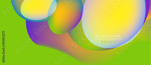 Abstract vibrant shapes overlap, creating colorful gradients. Lime green background complements dynamic visual composition. Modern design element.