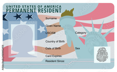 Permanent Resident Card with female silhouette. Vector illustration of green card. Template of Permanent Resident Card isolated on white background. Cartoon Green card of the United States