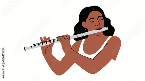 A woman with dark hair and skin plays a silver flute, eyes closed, wearing a white tank top.
