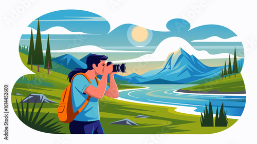 A person with a backpack takes a photo of a mountain landscape with a river and trees on a sunny day.