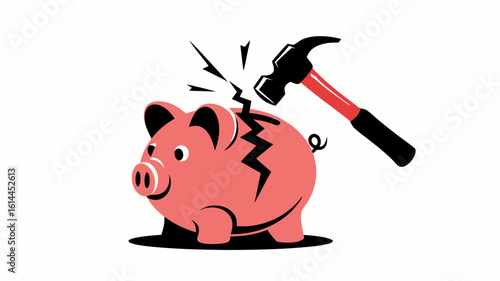 A pink piggy bank is being smashed with a hammer, symbolizing the destruction of savings.