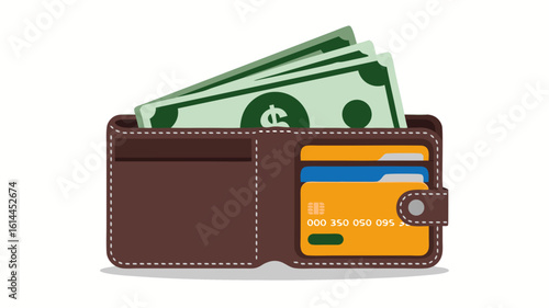 Open brown leather wallet containing US dollar bills and credit cards, illustration.