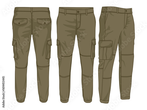 Cargo pants design flat sketch vector illustration front and back view. Khaki green color