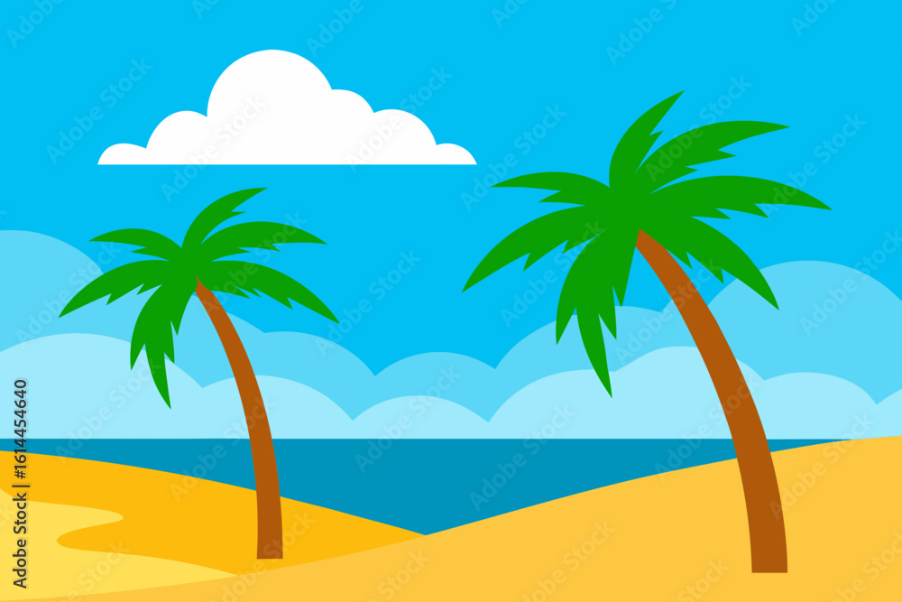 Obraz premium Two palm trees on a sandy beach with ocean and clouds