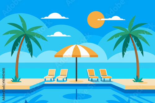 Tropical beach resort with palm trees and swimming pool
