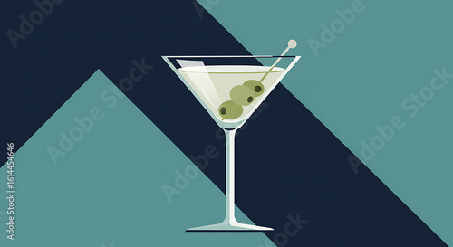A minimalist illustration of a a classic martini drink with olives, representing elegant cocktail culture and happy hour