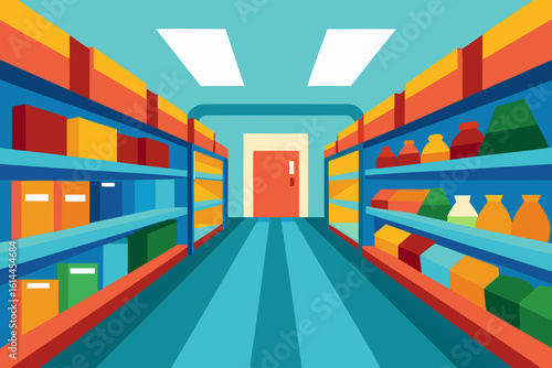 Aisle in a brightly lit supermarket with colorful shelves and products