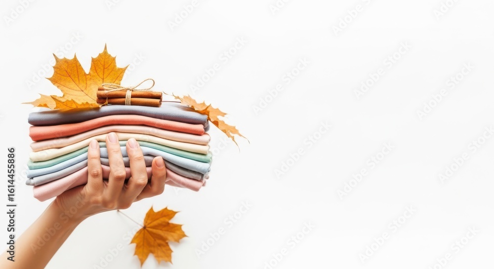 Obraz premium Hand Holding Neatly Folded Multicolored Fabric with Autumn Leaves on White Background