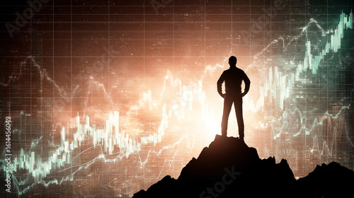 Business success concept with a person on a mountain top and a rising stock chart background