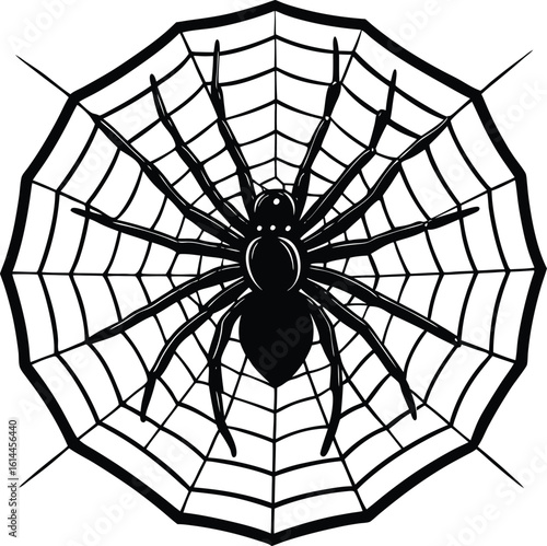 Intricate Spiderweb with Scary Spider Black and White Vector Graphic