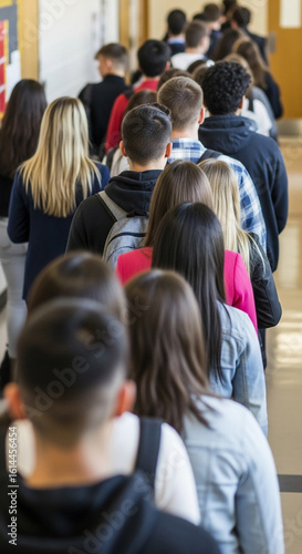 Students in Line: Back View of Diverse Group in School Hallway Waiting Education.