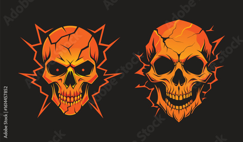 Two fiery skulls with jagged edges and intense expressions against a dark background