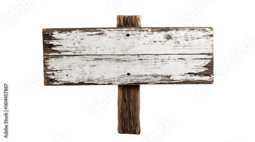 White weathered wood sign stands isolated on transparent background.
