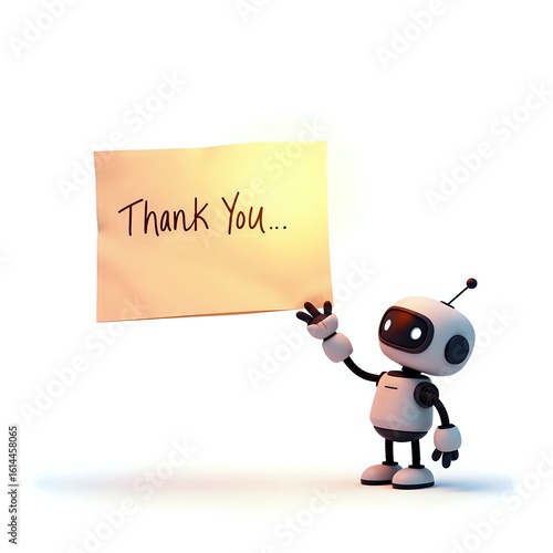 Cheerful robot holding a thank you note