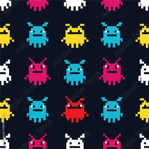 A seamless pattern of colorful, 8-bit alien monsters evokes a retro video game style.