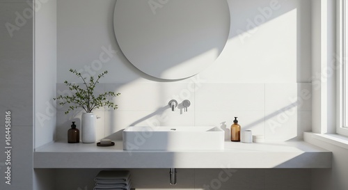 輝く陽光浴びる白の洗面台 清潔感漂うミニマル空間. AI Generated