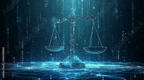 Digital scale of justice glows in a dark, blue, digital space