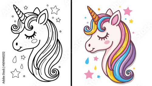 Coloring book page Unicorn Transformation – Side-by-Side Line Art and Colored Fantasy Illustration with Stars and Hearts
