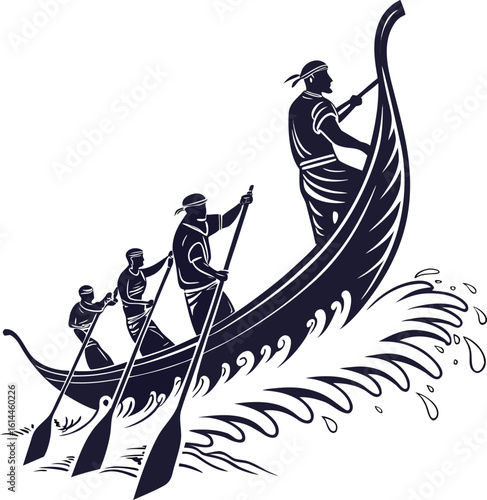 team rowing boat in water with waves and paddles
