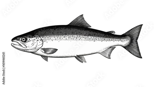 Hand drawn salmon fish, Fish Anatomy Illustration – Detailed Black and White Drawing of Streamlined Marine Animal