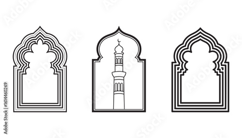 Islamic Arch Frame and Minaret Line Art Set Decorative Outline Mosque Window Vector Icons