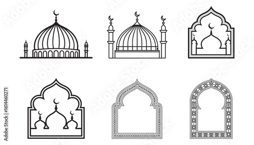 Islamic Mosque Dome and Arch Line Art Set Crescent Minaret and Window Outline Vector Collection