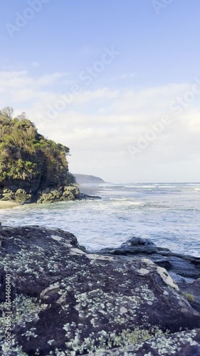 Gentle waves crashing on rocky coastline with lush green cliff