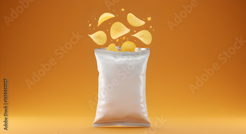 Design Mockup on a Blank Potato Chips Snack Bag with Floating Chips and Crumbs 1