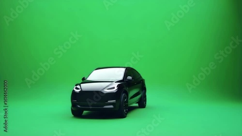Featuring a black electric SUV positioned against a green screen background, The car is stationary at first, then slowly rotates 360 degrees to showcase