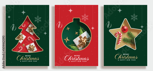 Merry Christmas greeting card poster clipart set. Christmas card wishes template clip art with pine tree, xmas balls and star shape in paper cut style collection in green and red background vector 