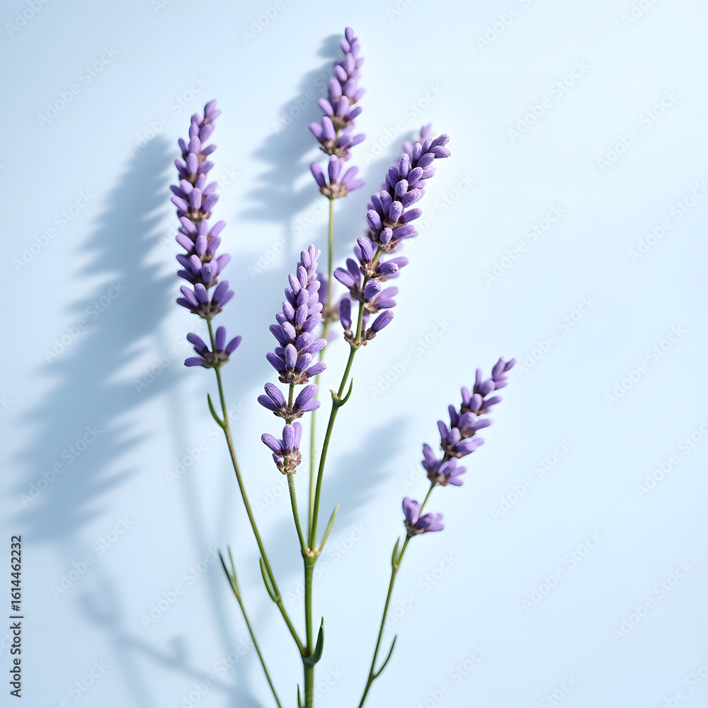 Naklejka premium Sunlit Lavender Sprigs Casting Soft Violet Shadows on Blue&nbsp;Background