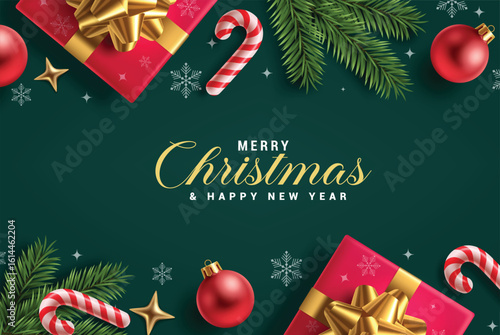 Merry Christmas card clipart background. Christmas and happy new year greeting wishes clip art with pine tree, candy cane, gift boxes and xmas balls elements  in green elegant template design vector 