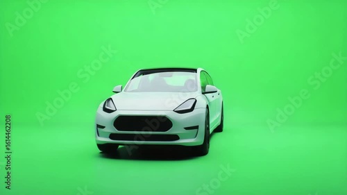 Featuring a white electric SUV positioned against a green screen background, The car is stationary at first, then slowly rotates 360 degrees to showcase