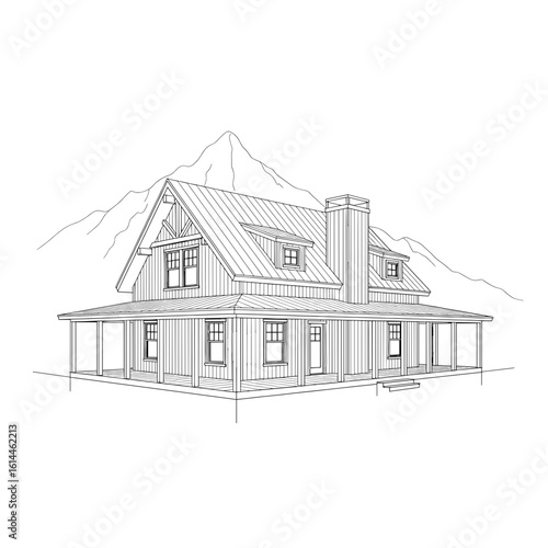 Illustration of a two story house with a porch and mountains in the distance architectural drawing