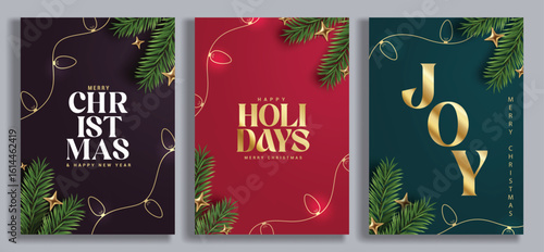 Merry Christmas greeting card poster clipart set. Christmas holiday and happy new year greeting wishes template clip art in elegant background for seasonal card collection vector illustration. 
