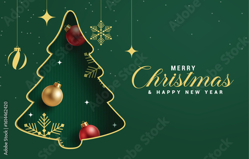 Merry Christmas greeting card green clipart background. Christmas and happy new year wishes clip art in green background with xmas tree paper cut shape decoration elements vector illustration.  

