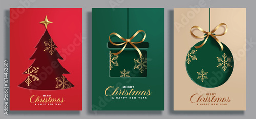 Merry Christmas greeting card poster clipart set. Christmas tags clip art with pine tree, gift box and xmas balls paper cut decoration elements in elegant invitation collection vector illustration. 
