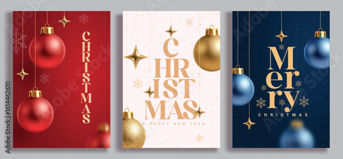 Merry Christmas greeting card poster clipart set. Christmas card with hanging xmas balls decoration elements in elegant red, white and blue clip art collection for seasonal banner design vector 