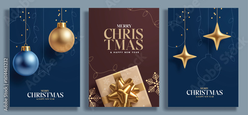 Merry Christmas greeting card poster clipart set. Christmas wishes and greeting clip art with hanging balls, stars and gift box decoration elements in elegant invitation card collection vector 