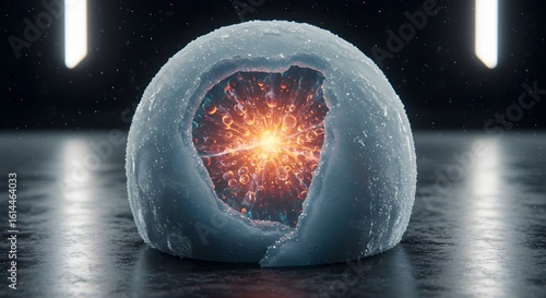 Frozen dessert orb that melts in reverse, revealing digital patterns