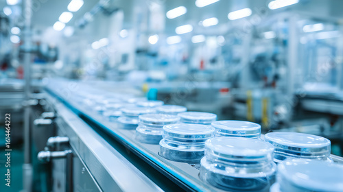 Wallpaper Mural An automated conveyor belt in a sterile factory transports numerous clear plastic containers with white lids.

 Torontodigital.ca