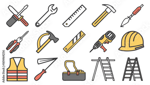 A collection of construction tools icons featuring essential equipment and hardware, AI generative vector illustration