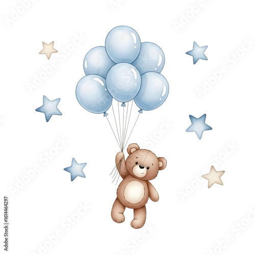 Adorable teddy bear soaring through the sky holding a bunch of light blue balloons surrounded by charming stars for baby shower invitations or nursery decor