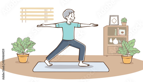 Healthy Active Seniors Exercising At Home Warrior Pose Yoga For Elderly Adults Indoor Fitness Routine For Maintaining Mobility And Well-being In Older Age Staying Fit And Flexible With Gentle Exercise